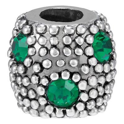 10mm Emerald Rhinestones Bali Style Large Hole Barrel Bead - Rhodium Plated