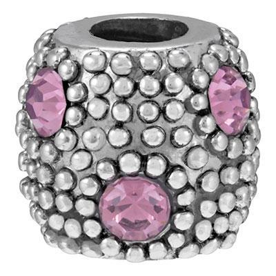 10mm Light Amethyst Rhinestones Bali Style Large Hole Barrel Bead - Rhodium Plated