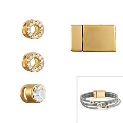Matte Gold Rhinestone Slider Bracelet Kit for 2mm Round Leather - Goody Beads