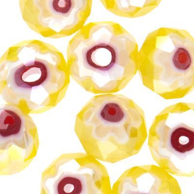 8mm Faceted Rondelle Yellow with Red Millefiori Beads with AB Finish - Goody Beads