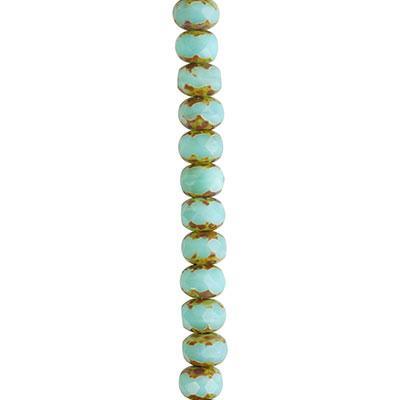 5x3mm Aqua Silk with Picasso Finish Rondelle Czech Glass Beads from Raven's Journey - Goody Beads