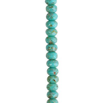 5x3mm Turquoise Opaque with Picasso Fullcoat Rondelle Czech Glass Beads from Raven's Journey - Goody Beads