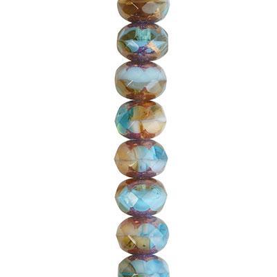 7x5mm Aqua, Amber, and White Mix Opaque and Transparent with Bronze Finish Rondelle Czech Glass Beads from Raven's Journey - Goody Beads