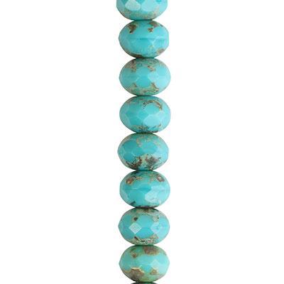 7x5mm Turquoise Opaque with Picasso Rondelle Czech Glass Beads from Raven's Journey - Goody Beads