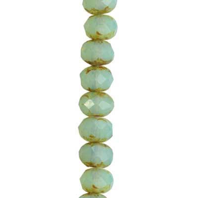 7x5mm Aqua Opaline with Picasso Rondelle Czech Glass Beads from Raven's Journey - Goody Beads