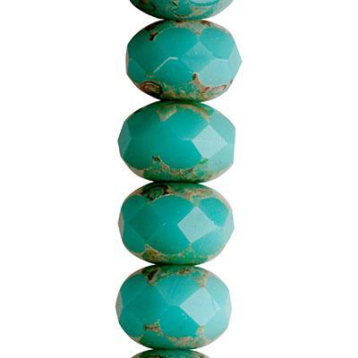 9x6mm Turquoise Green Opaque with Picasso Rondelle Czech Glass Beads from Raven's Journey