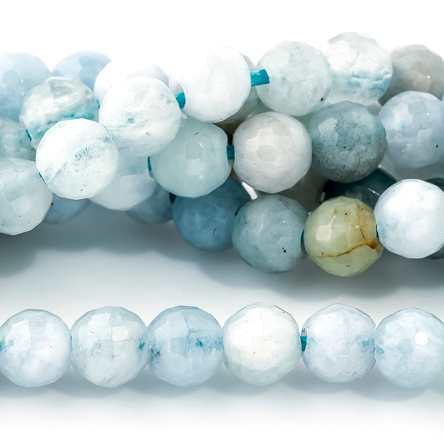 Aquamarine 6mm Faceted Round Large Hole Beads - 8 Inch