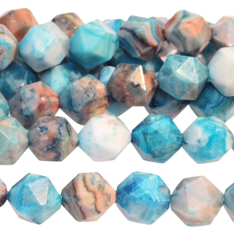 Blue Crazy Lace Agate 8mm Star Cut Round 15-16 Inch