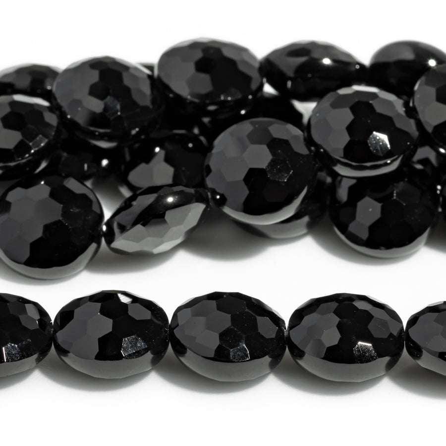 Black Spinel 12mm Faceted Coin - 15-16 Inch