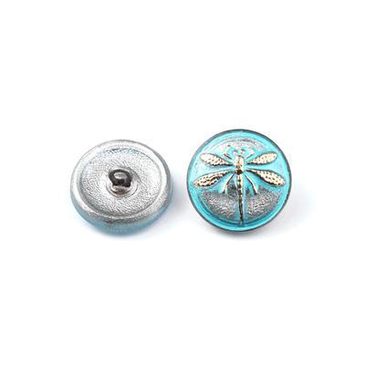 18mm White Bronze with Turquoise Wash and Gold Painted Dragonfly Round Czech Button from Raven's Journey - Goody Beads