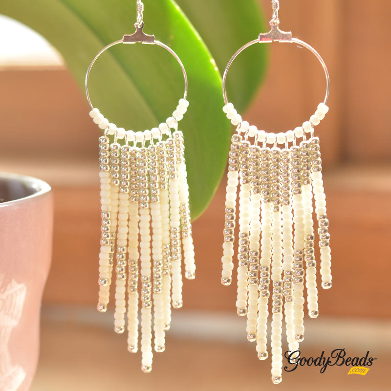DIY Beaded Fringe Earrings with Seed Beads - Cream/Silver - Goody Beads