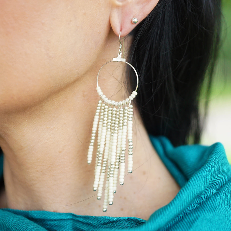 DIY Beaded Fringe Earrings with Seed Beads - Cream/Silver - Goody Beads