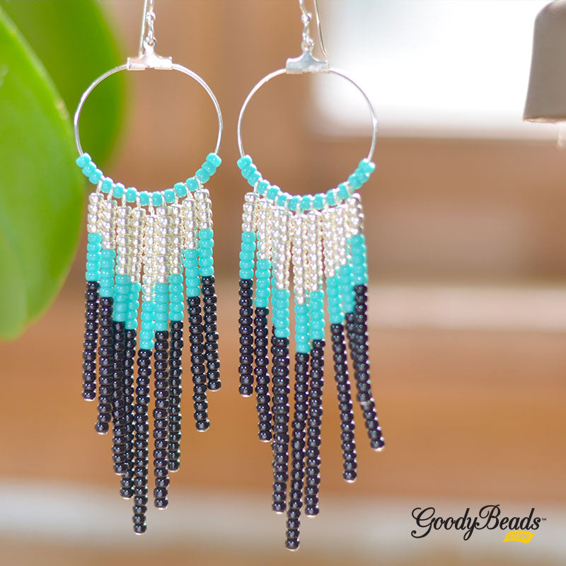 INSTRUCTIONS for DIY Beaded Fringe Earrings with Seed Beads - Turquoise/Black - Goody Beads