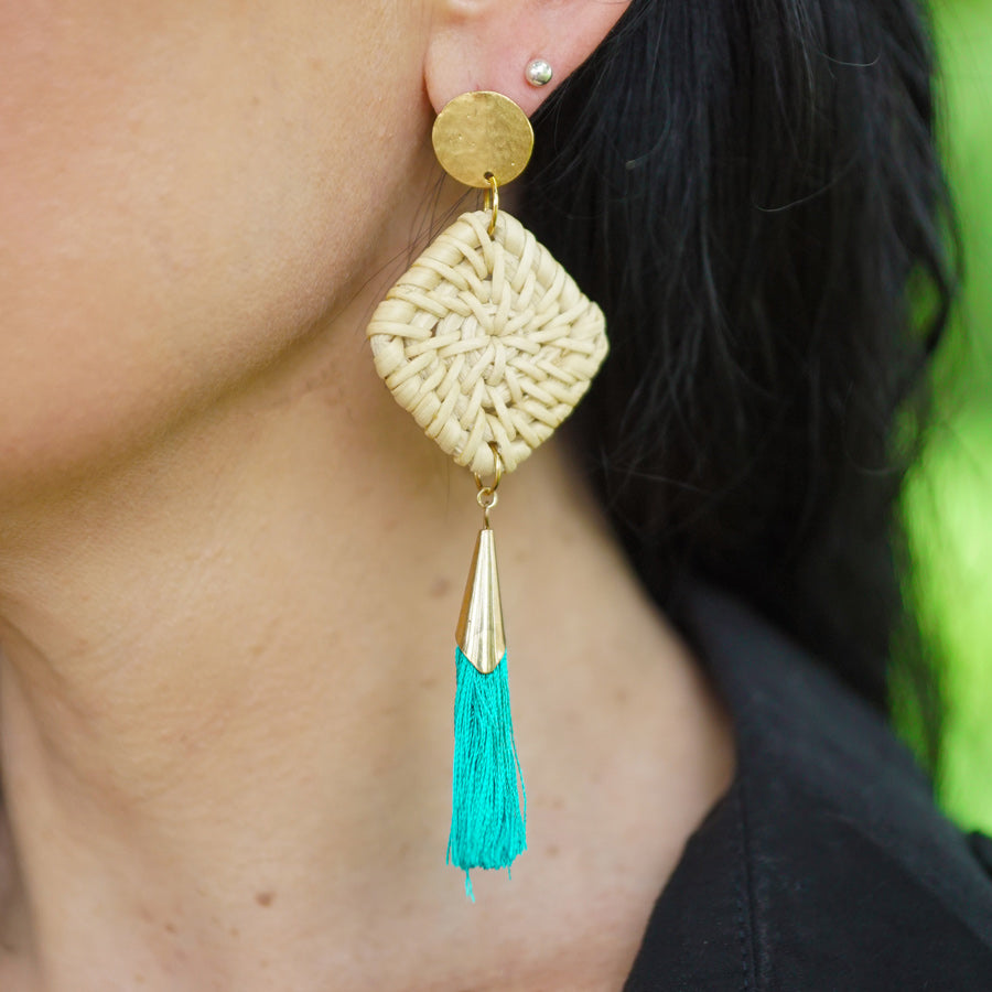 DIY Straw & Tassel Earrings - Teal and Gold - Goody Beads