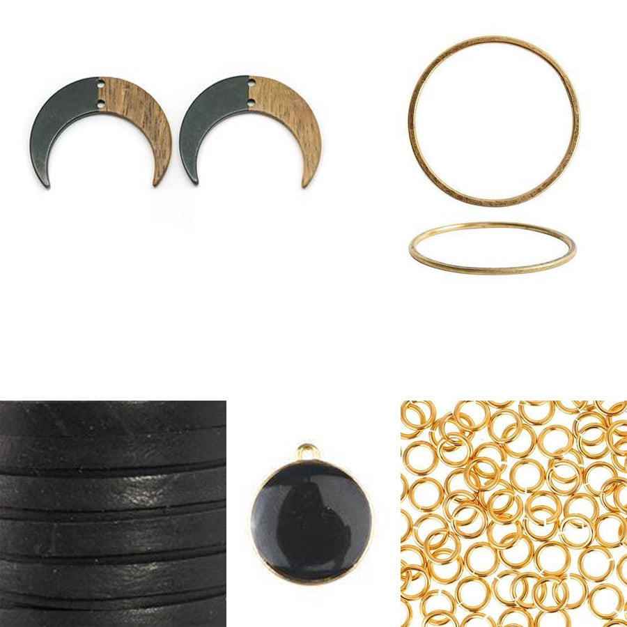 DIY Wood & Resin Crescent and Enamel Charm Easy Leather Necklace - Black and Gold - Goody Beads