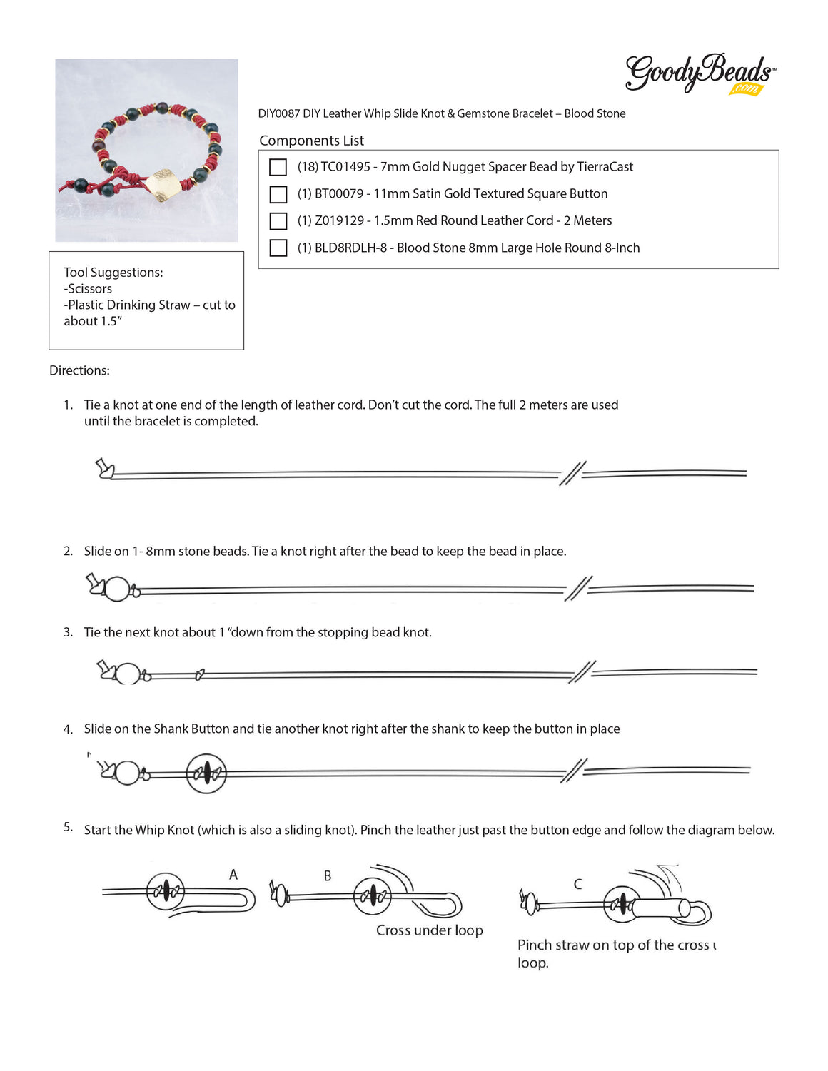 DIY Leather Whip Slide Knot & Gemstone Bracelet  - Blood Stone - Goody Beads