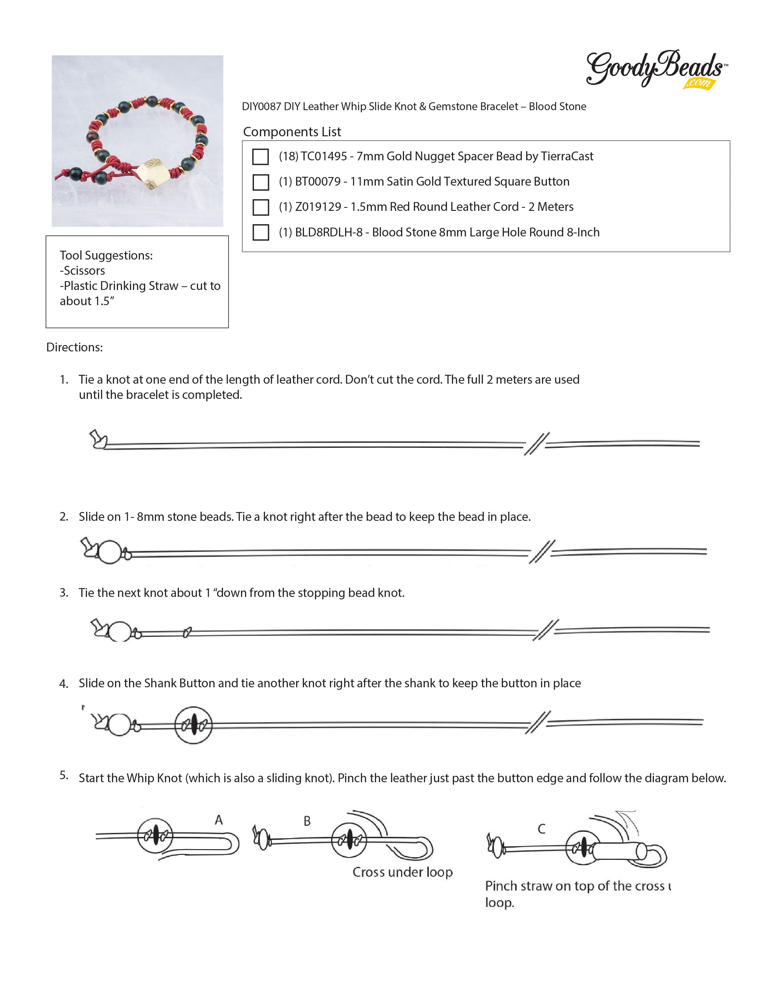 DIY Leather Whip Slide Knot & Gemstone Bracelet  - Blood Stone - Goody Beads