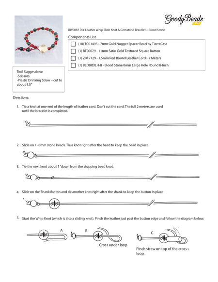 INSTRUCTIONS for DIY Leather Whip Slide Knot & Gemstone Bracelet  - Blood Stone - Goody Beads