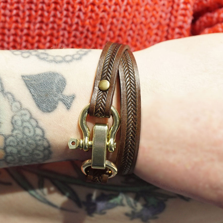 DIY Unisex Brown Leather and Gold Shackle Clasp Bracelet - Goody Beads