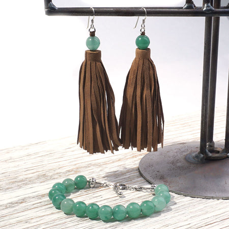 DIY Summer Festival Tassel Earrings & Gemstone Bracelet Duo - Camel & Green Aventurine - Goody Beads