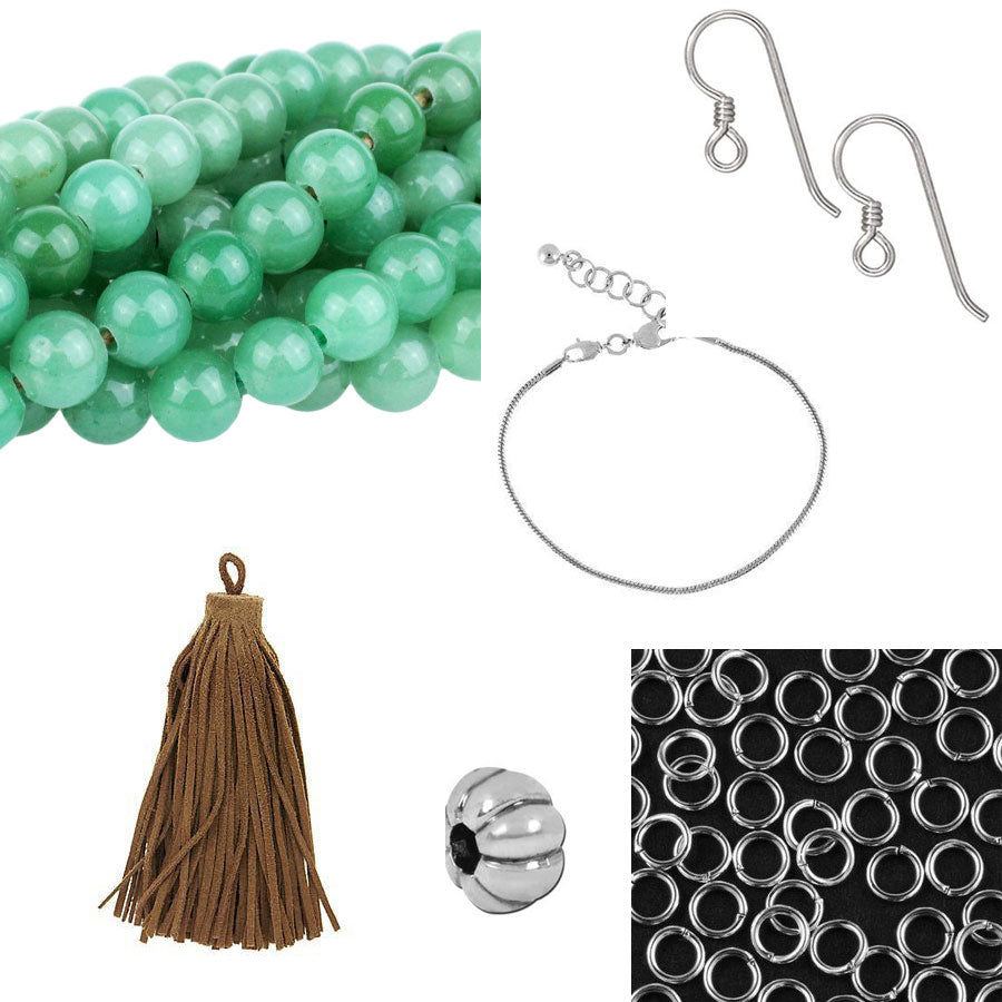 DIY Summer Festival Tassel Earrings & Gemstone Bracelet Duo - Camel & Green Aventurine - Goody Beads