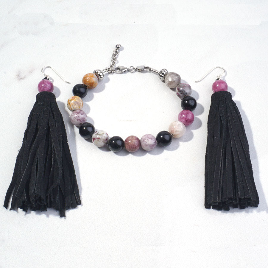 DIY Summer Festival Tassel Earrings & Gemstone Bracelet Duo - Black & Tourmaline - Goody Beads
