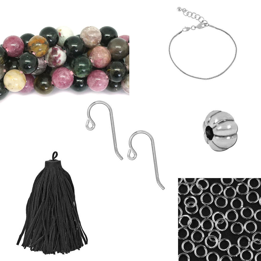 DIY Summer Festival Tassel Earrings & Gemstone Bracelet Duo - Black & Tourmaline - Goody Beads