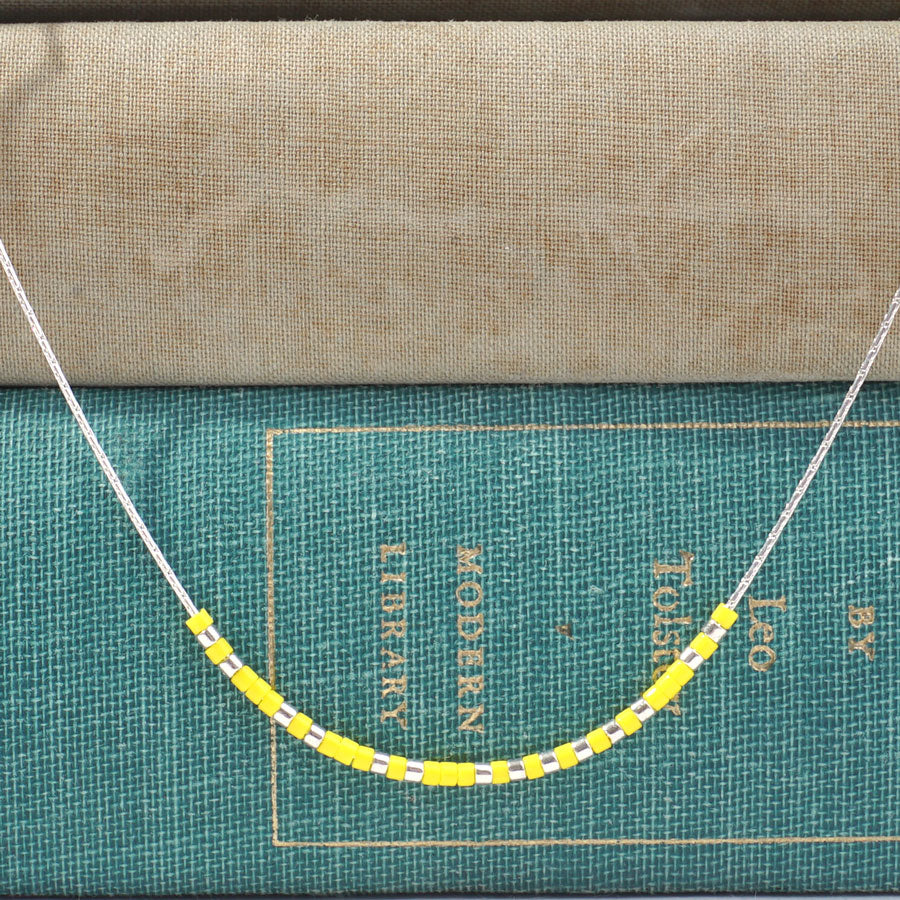 DIY Dainty Morse Code Necklace with Delica Seed Beads - "FIERCE" in Silver and Yellow - Goody Beads