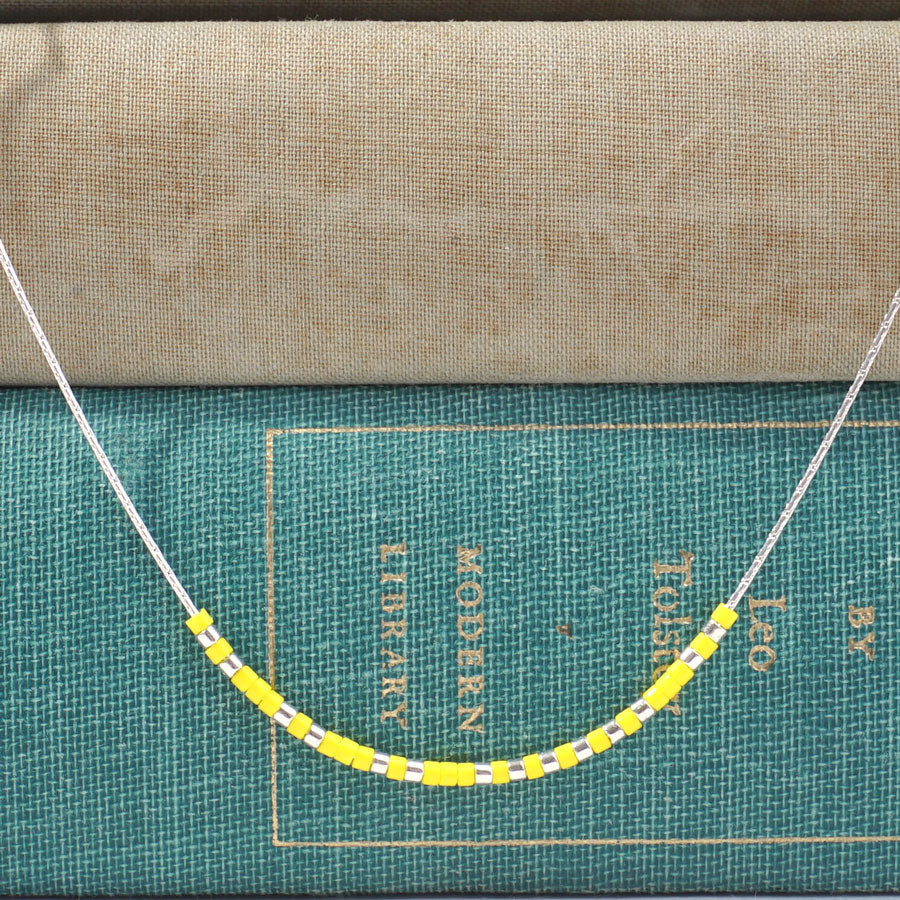 INSTRUCTIONS for DIY Dainty Morse Code Necklace with Delica Seed Beads - "FIERCE" in Silver and Yellow - Goody Beads