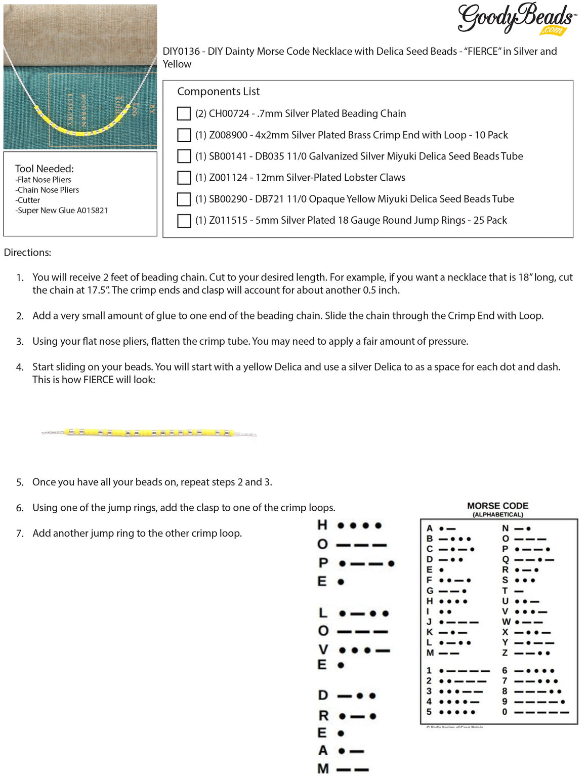 INSTRUCTIONS for DIY Dainty Morse Code Necklace with Delica Seed Beads - "FIERCE" in Silver and Yellow - Goody Beads