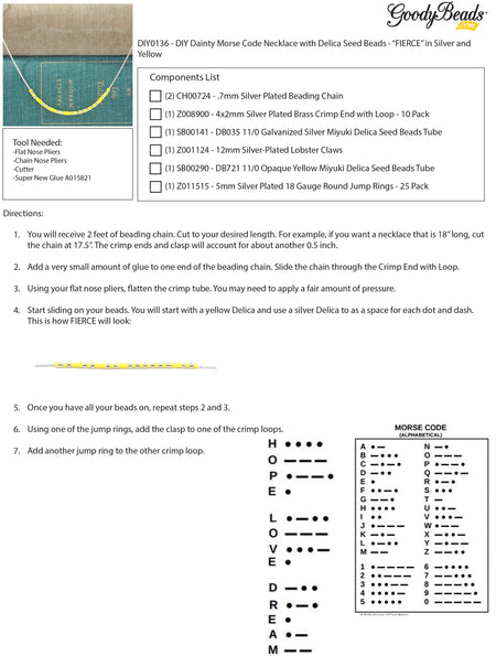 INSTRUCTIONS for DIY Dainty Morse Code Necklace with Delica Seed Beads - "FIERCE" in Silver and Yellow - Goody Beads