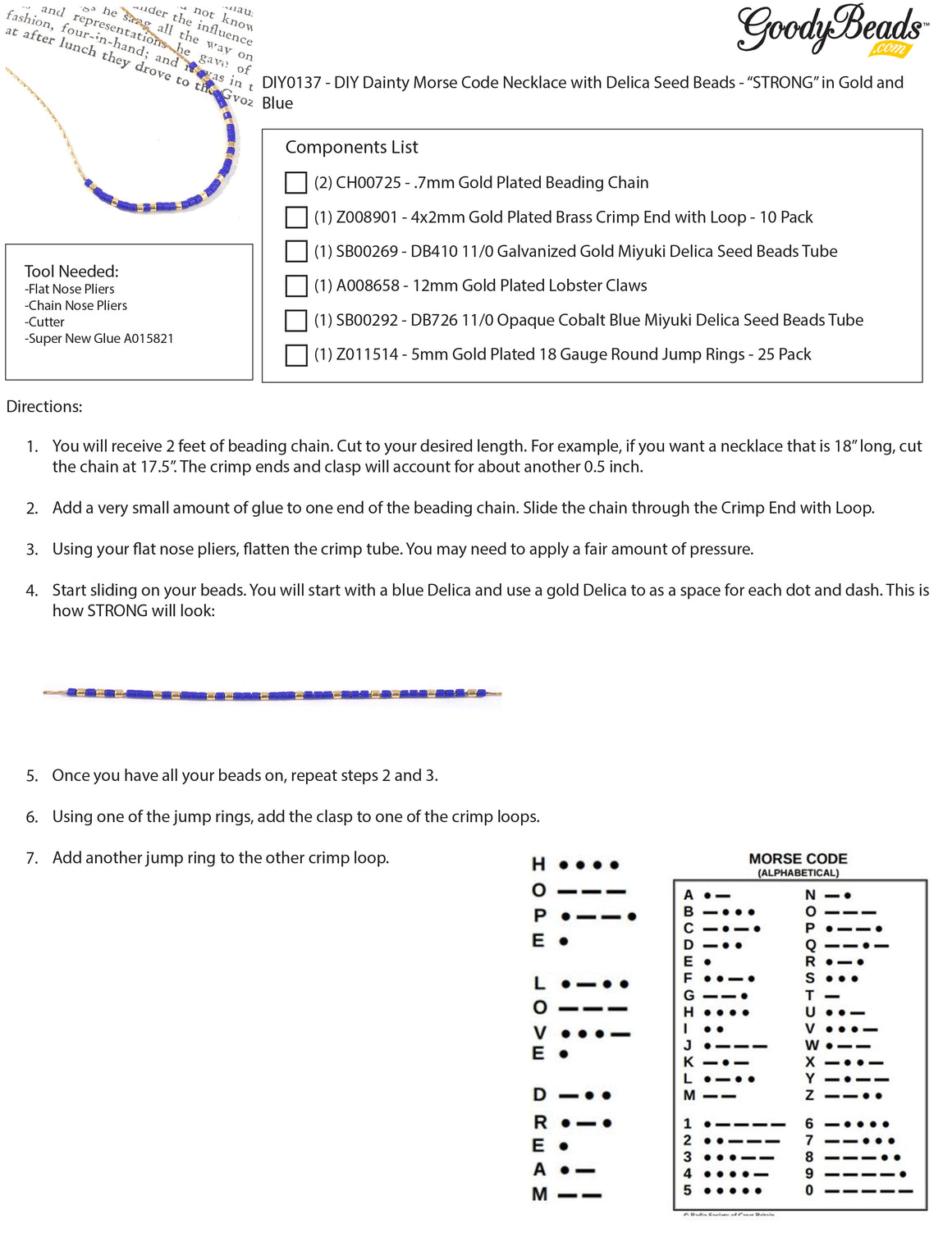 DIY Dainty Morse Code Necklace with Delica Seed Beads - "STRONG" in Gold and Blue - Goody Beads