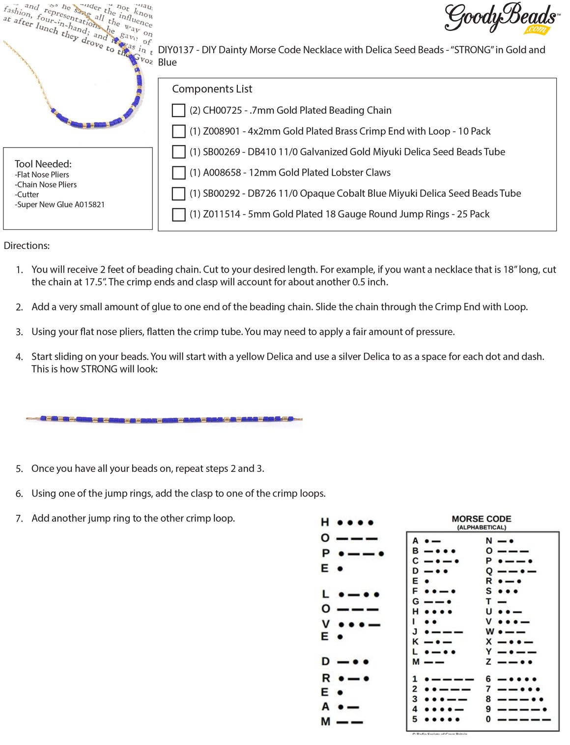 INSTRUCTIONS for DIY Dainty Morse Code Necklace with Delica Seed Beads - "STRONG" in Gold and Blue - Goody Beads