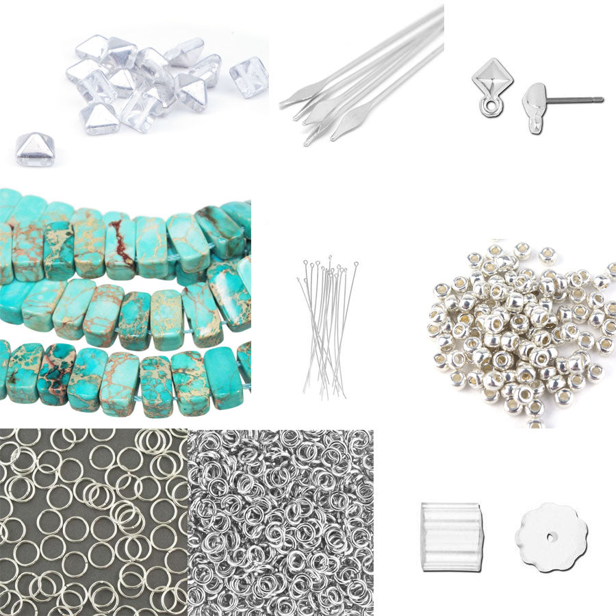 DIY Gemstone and Czech Stud Ladder Earrings - Silver and Aqua Impression Jasper - Goody Beads