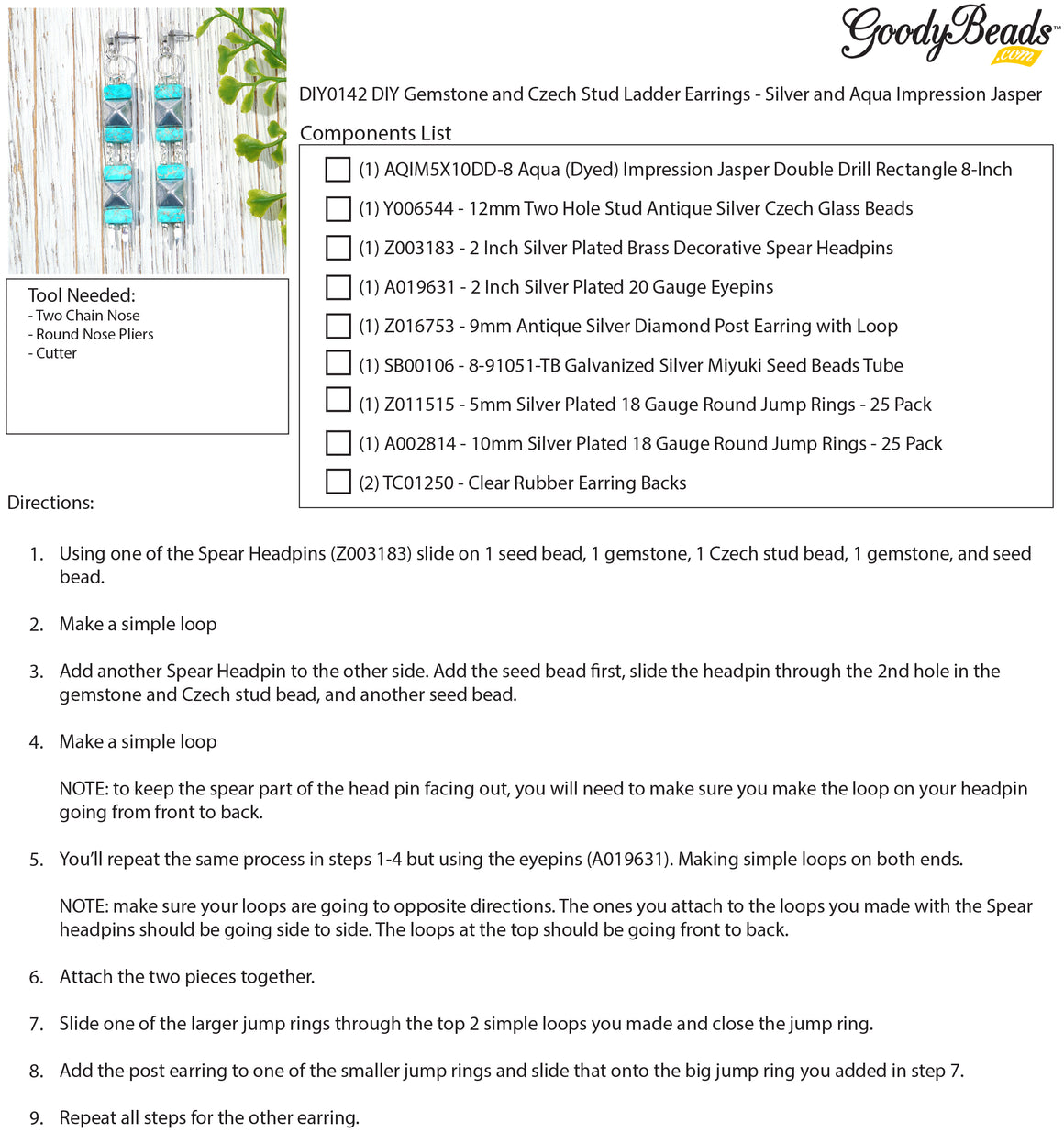 INSTRUCTIONS for DIY Gemstone and Czech Stud Ladder Earrings - Silver and Aqua Impression Jasper - Goody Beads