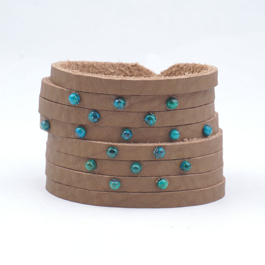 DIY Wide Shredded Leather Cuff with Chrysocolla Coin Cabochons - Goody Beads