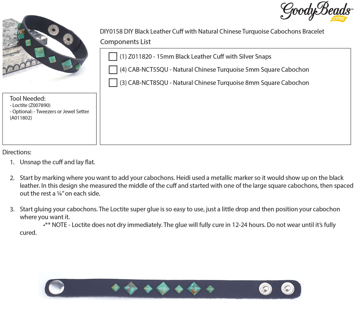 INSTRUCTIONS for DIY Black Leather Cuff with Natural Chinese Turquoise Cabochons Bracelet - Goody Beads