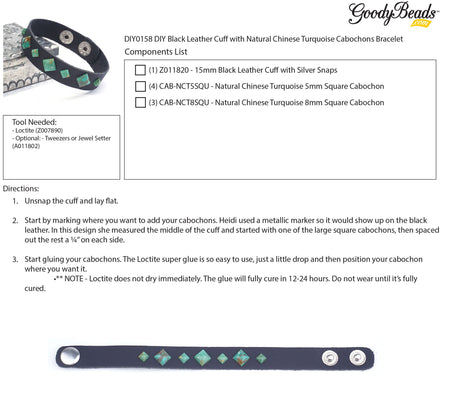 INSTRUCTIONS for DIY Black Leather Cuff with Natural Chinese Turquoise Cabochons Bracelet - Goody Beads