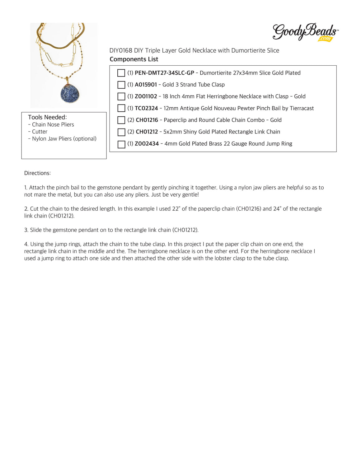 INSTRUCTIONS for DIY Triple Layer Gold Necklace with Dumortierite Slice - Goody Beads