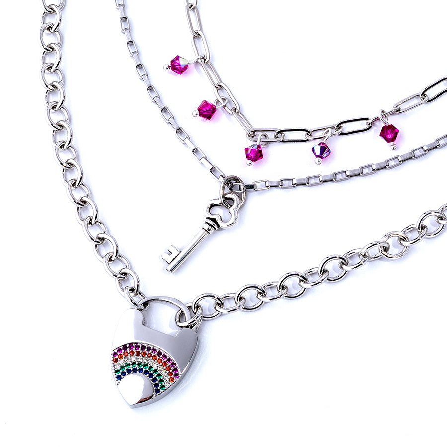 Locked Up in Love 23mm Heart Latch Clasp with Rainbow Crystals - Silver Plated