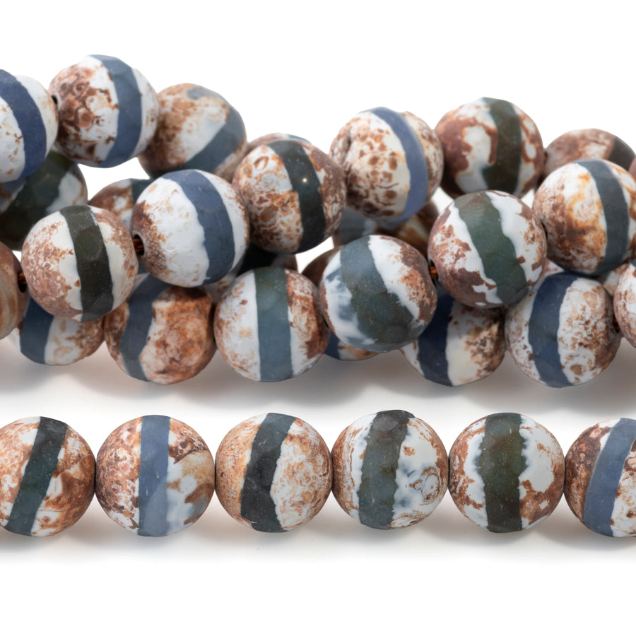 Dzi Agate 10mm Matte Antique Blue Line Faceted Round - Limited Editions