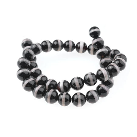 BLACK DZI Agate 10mm Line Pattern 15-16"