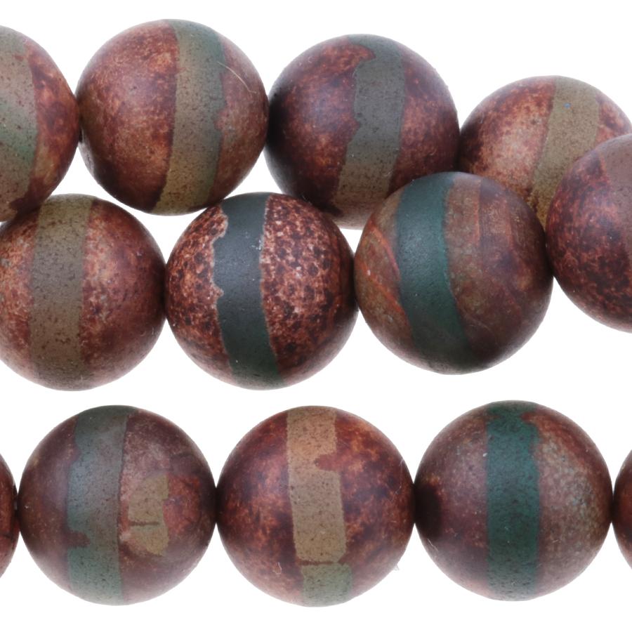 MATTE DZI Agate Dark Brown Green Line 12mm Round 15-16"