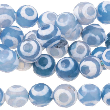 DZI Agate Blue/White Eye 8mm Faceted Round 15-16"