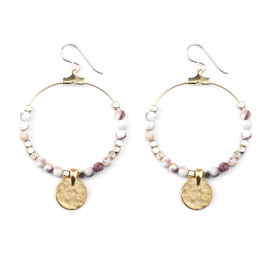 Gemstone & Coin Drop Earrings - Matte Natural White Impression Jasper/Gold - Goody Beads