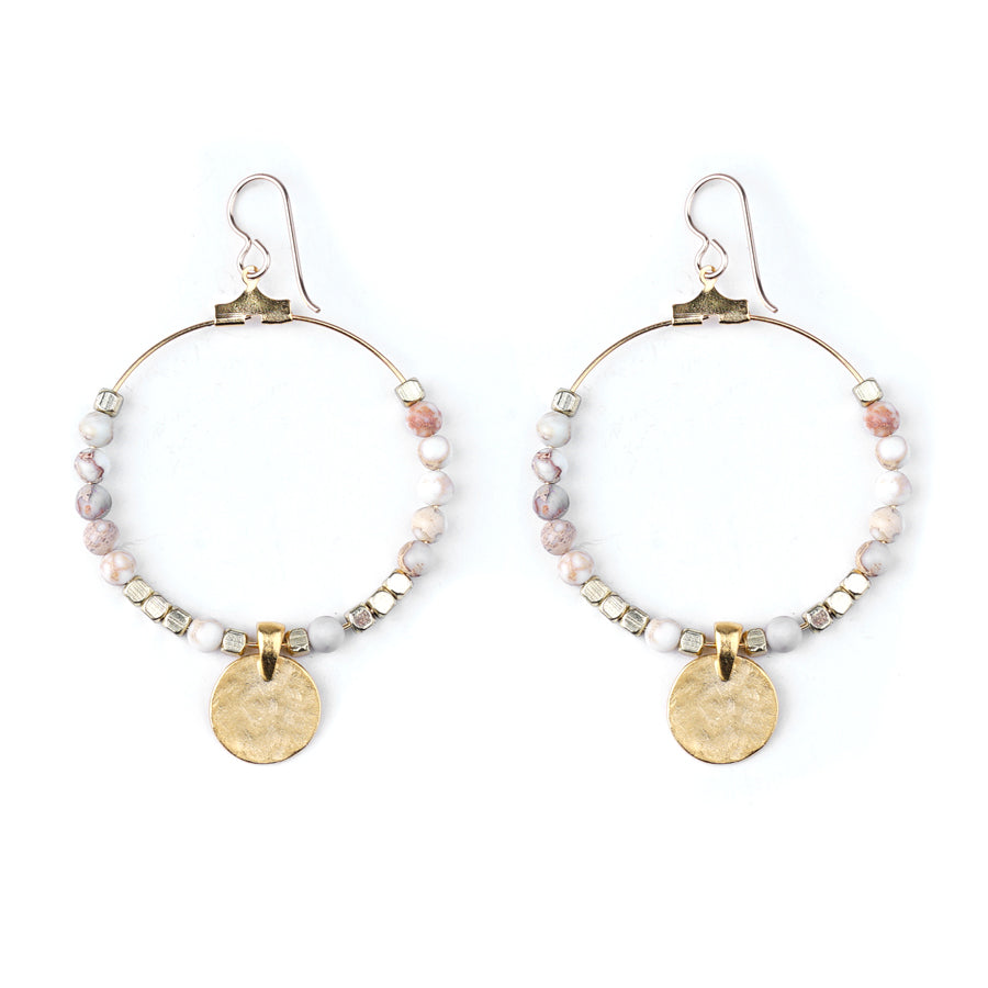 Gemstone & Coin Drop Earrings - Matte Natural White Impression Jasper/Gold - Goody Beads