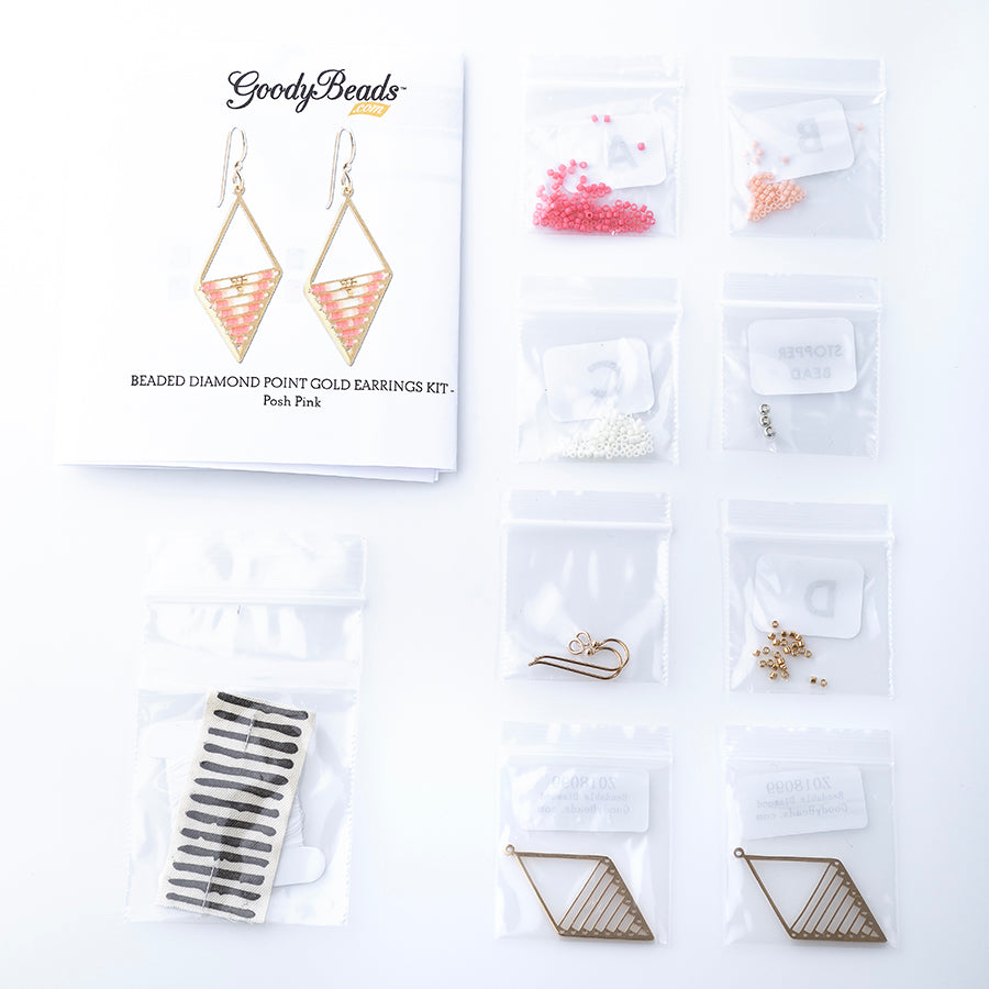 Beaded Diamond Point Gold Earrings Kit - Posh Pink