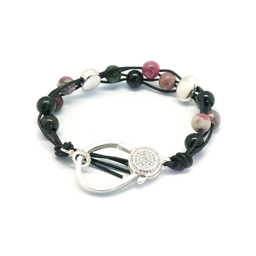 Black Leather & Gemstone Weave Bracelet with Large Rhinestone Clasp Kit - Pink Tourmaline - Goody Beads
