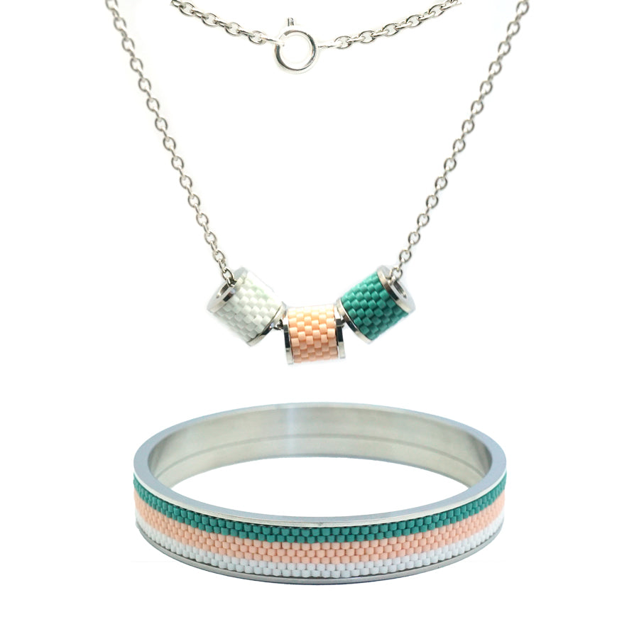 Beaded Trio Silver Necklace & Bangle Set Cotton Candy Sky