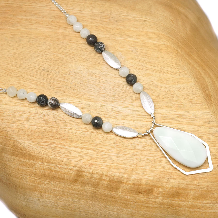 Stone Wisp Silver Necklace Kit with Exclusive Adjustable Necklace Sliding Clasp - Zebra Jasper/Moonstone - Goody Beads